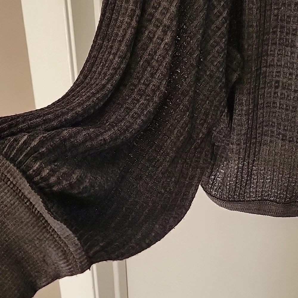 Free People Gray Charcoal Waffle Knit Long Balloon Sleeve Off Shoulder Vneck Top